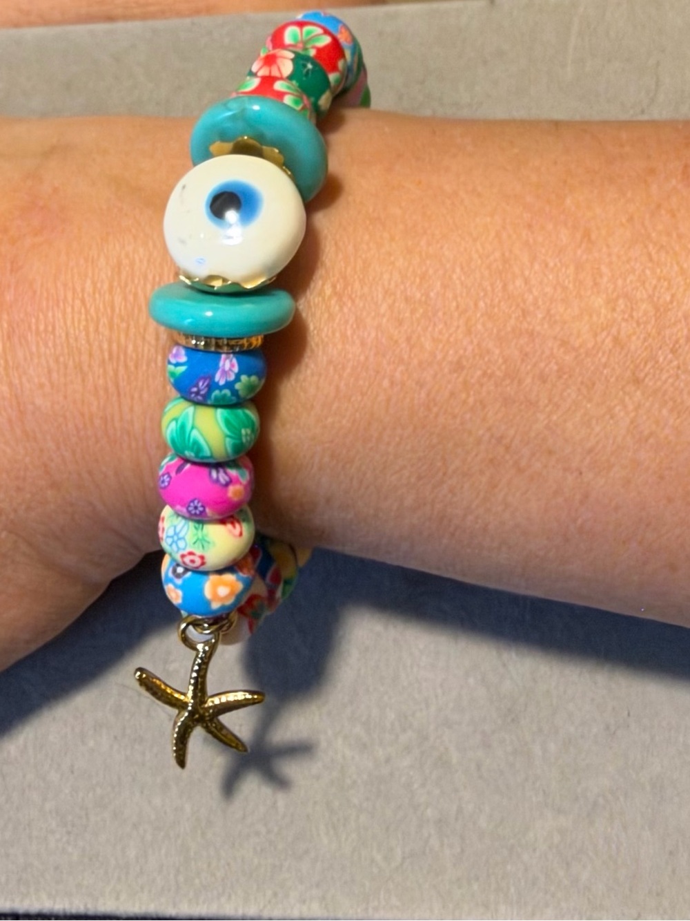 Multicolor Floral Bead Bracelet with Starfish Charm - Turquoise/Pink
